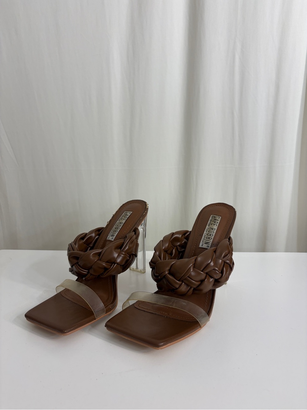 Cape Robbin Brown Braided Mule Heels with Clear Strap